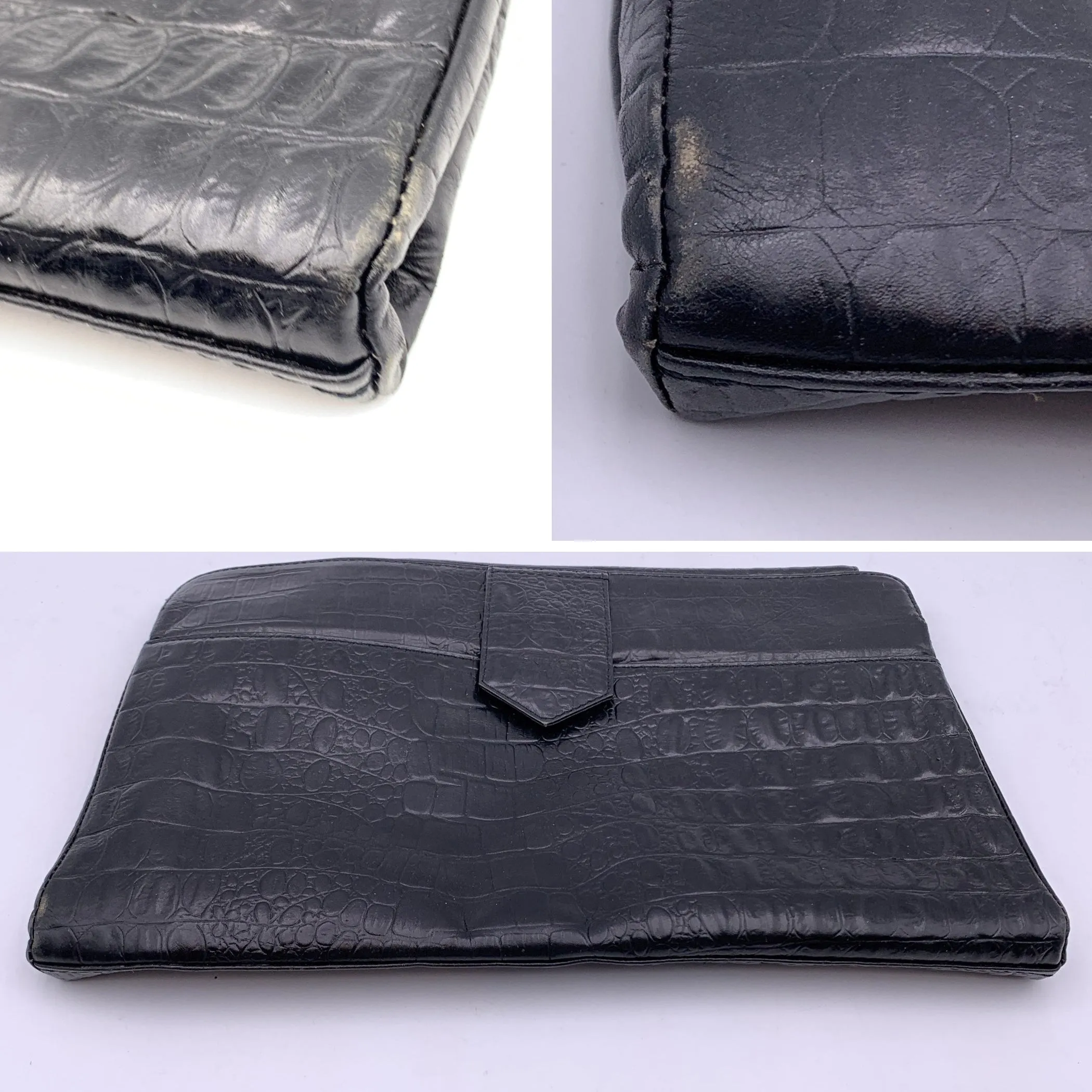 Enrico Coveri Vintage Black Embossed Leather Portfolio Clutch Bag